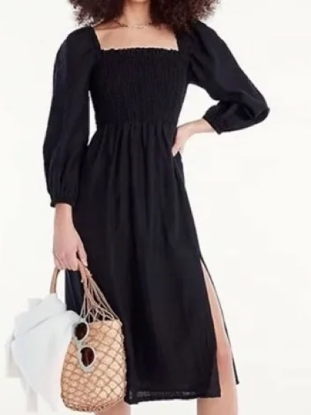 J. Crew Black Smocked Waist Midi linen Dress with Puff Sleeves Sz large